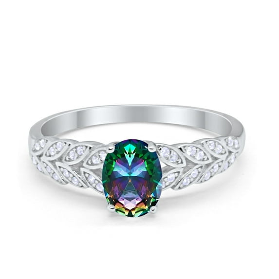 Solitaire Floral Accent Oval Lab White Opal CZ Ring 925 Sterling Silver Size 4