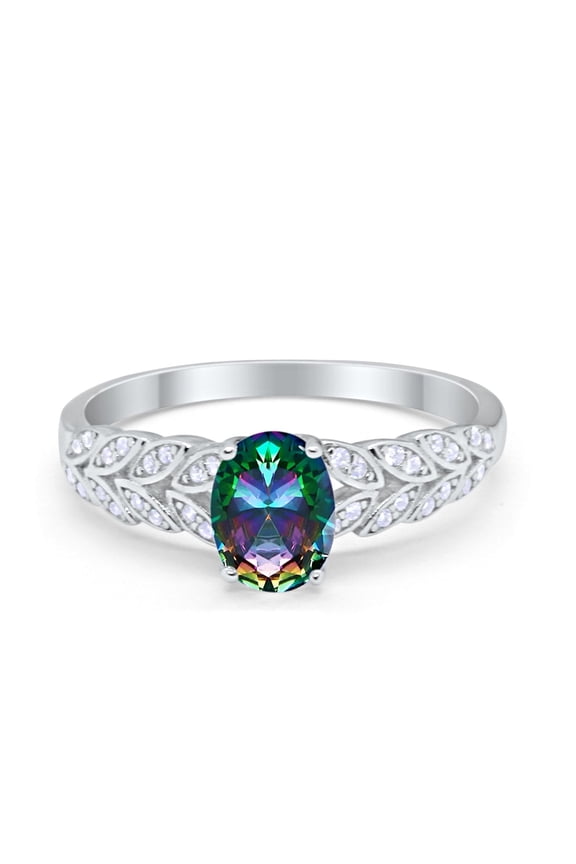Solitaire Floral Accent Oval Rainbow CZ Ring 925 Sterling Silver Size 4