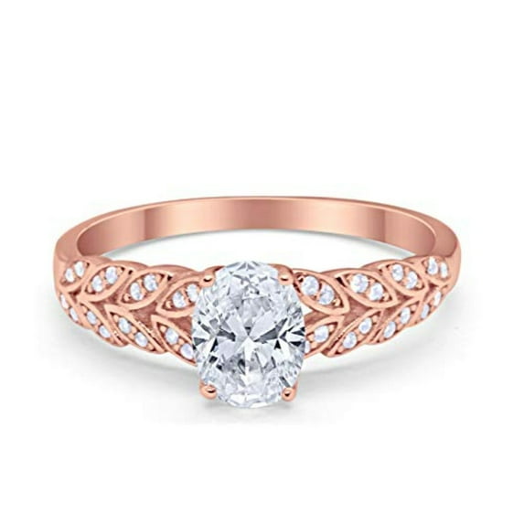 Solitaire Floral Accent Oval Rose Tone CZ Ring 925 Sterling Silver Size 10