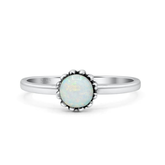 Solitaire Flower Oxidized Ring Lab Created White Opal 925 Sterling Silver Size 8
