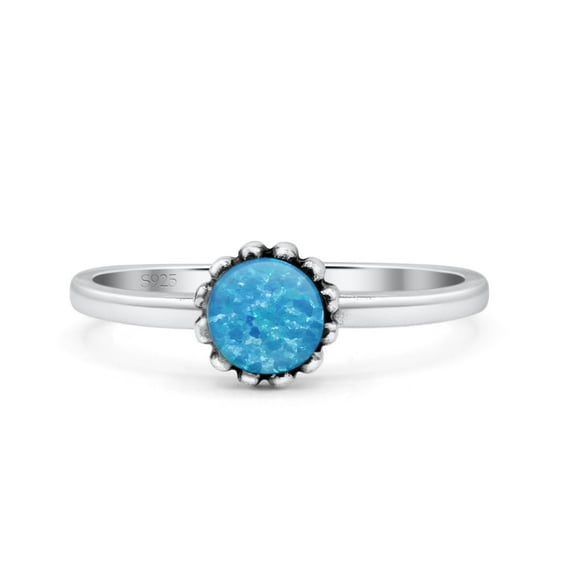 Solitaire Flower Round Oxidized Ring Lab Created Blue Opal 925 Sterling Silver Size 9