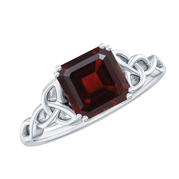 Rosec Jewels Real Garnet Solitaire Engagement Ring for Women - 8 mm Asscher Cut Garnet Celtic Knot Ring (AAA Grade) - with Jewelry Box, 18K White Gold, US 3.50