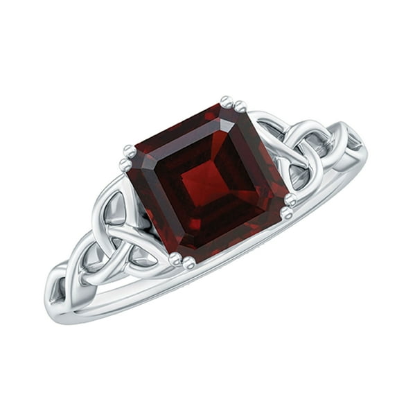 Rosec Jewels Real Garnet Solitaire Engagement Ring for Women - 8 mm Asscher Cut Garnet Celtic Knot Ring (AAA Grade) - with Jewelry Box, 18K White Gold, US 8.50