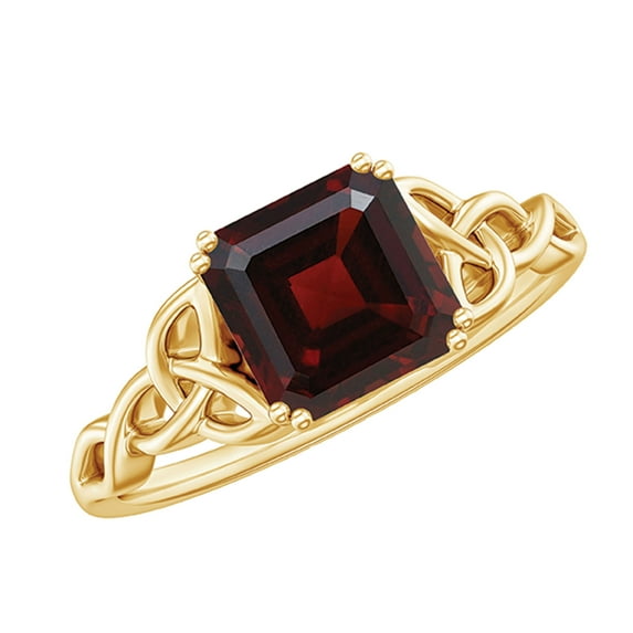 Rosec Jewels Real Garnet Solitaire Engagement Ring for Women - 8 mm Asscher Cut Garnet Celtic Knot Ring (AAA Grade) - with Jewelry Box, 18K Yellow Gold, US 7.50