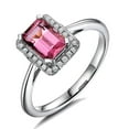 thumbnail image 1 of Solitaire Halo 1.25 Carat Red Ruby 7x5mm Emerald Cut And Moissanite Diamond Engagement Ring in 10k White Gold, 1 of 5