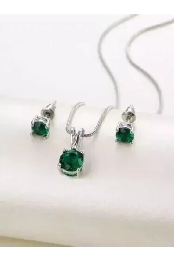 Solitaire Jewelry Set 14K White Gold Plated 2Ct Round Cut -Simulated Green Emerald