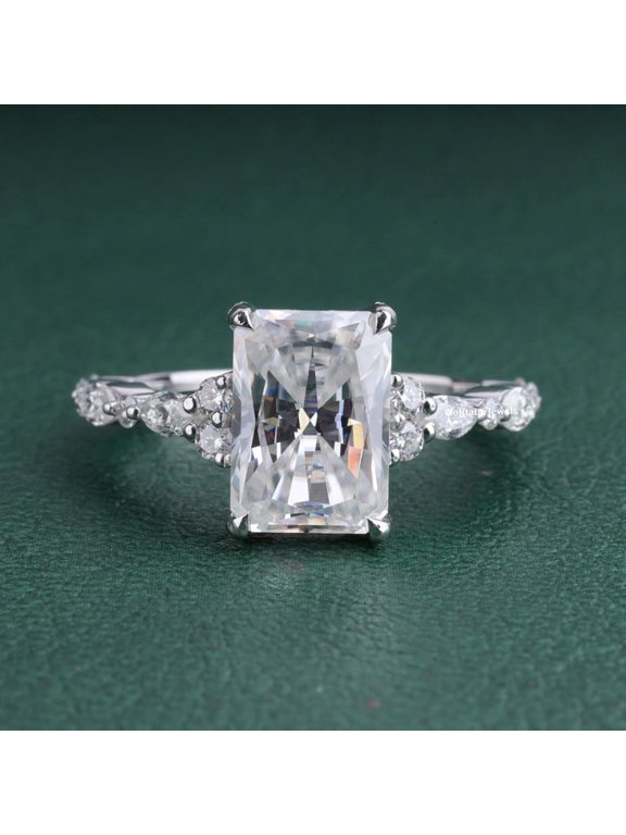 3.5CT Art Deco Radiant Moissanite Engagement Ring For Women, 14K White Gold Plating Over Silver, D Color VVS1 Clarity