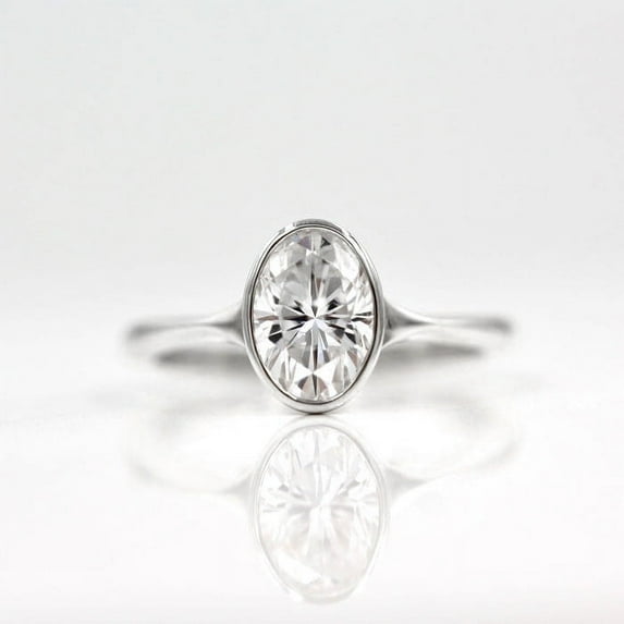 Solitaire Jewels Dainty Bezel Set Oval Moissanite Engagement Ring For Women, 10K White Gold