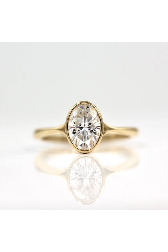 Dainty Bezel Set Oval Moissanite Engagement Ring For Women, 14K Yellow Gold