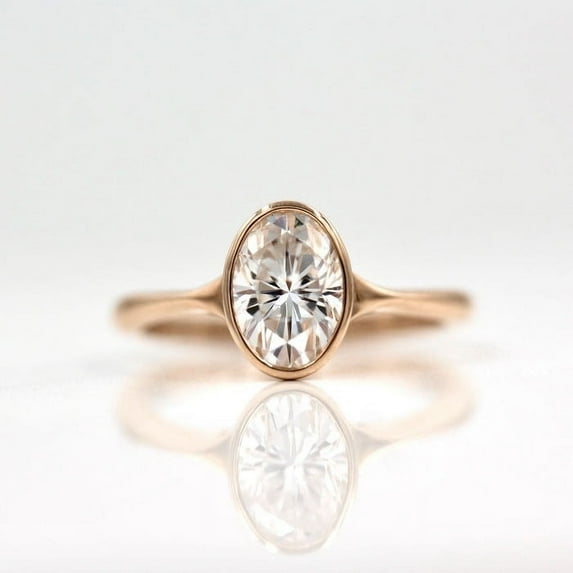 Solitaire Jewels Dainty Bezel Set Oval Moissanite Engagement Ring For Women, 18K Rose Gold