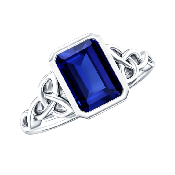 Solitaire Lab Created Blue Sapphire Celtic Ring with Diamond - 1.7 Carat - AAAA Quality, 18K White Gold, US 9.50