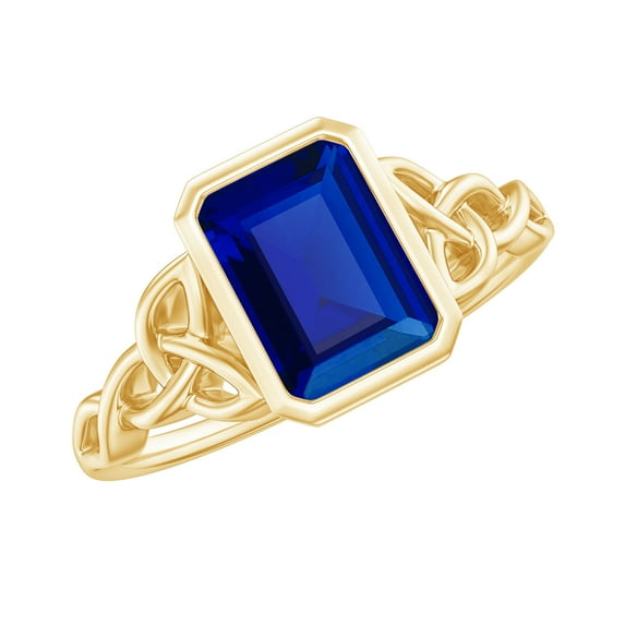 Rosec Jewels Solitaire Lab Created Blue Sapphire Celtic Ring with Diamond - 6X8 mm, 18K Yellow Gold, US 8.50