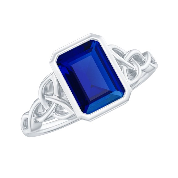 Solitaire Lab Created Blue Sapphire Celtic Ring with Diamond - 1.7 Carat - AAAA Quality, 925 Sterling Silver, US 4.00