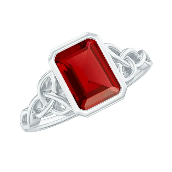 Rosec Jewels Solitaire Lab Created Ruby Celtic Ring with Diamond for Women - 6X8 mm, 14K White Gold, US 7.50
