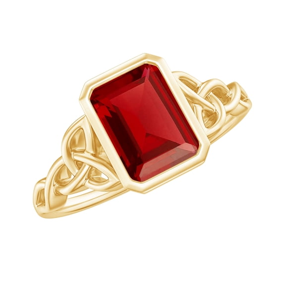Rosec Jewels Solitaire Lab Created Ruby Celtic Ring with Diamond for Women - 6X8 mm, 14K Yellow Gold, US 6.00