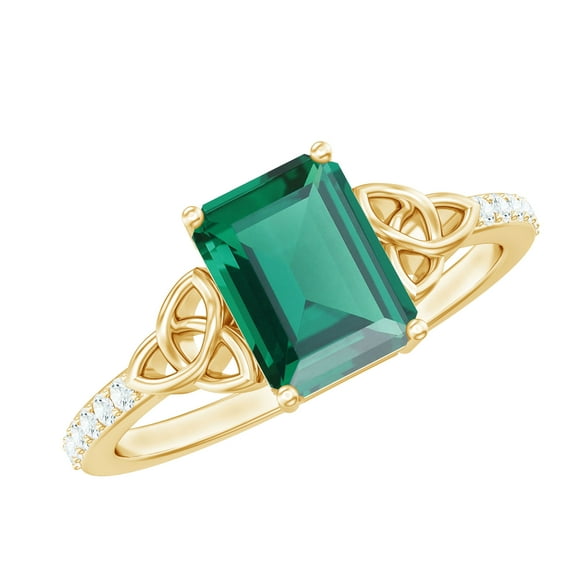 Rosec Jewels Solitaire Lab Grown Emerald Celtic Knot Ring with Diamond for Women - 6X8 mm, 10K Yellow Gold, US 5.50