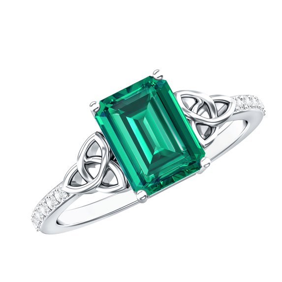 Rosec Jewels Solitaire Lab Grown Emerald Celtic Knot Ring with Diamond for Women - 6X8 mm, 14K White Gold, US 8.50