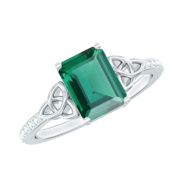 Rosec Jewels Solitaire Lab Grown Emerald Celtic Knot Ring with Diamond for Women - 6X8 mm, 14K White Gold, US 8.50