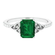 ROSEC JEWELS Solitaire Lab Grown Emerald Celtic Knot Ring with Diamond for Women - 6X8 mm, 925 Sterling Silver, US 4.00