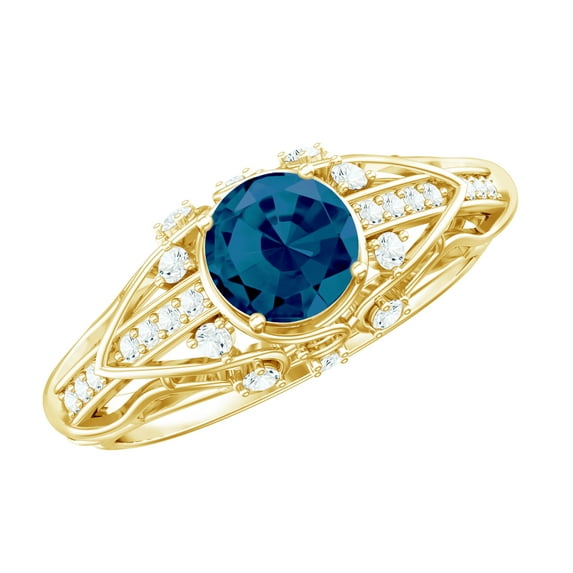 Rosec Jewels Natural London Blue Topaz Diamond Engagement Ring - Vintage Style Ring - 7 mm - AAA Quality - with Jewelry Box, 10K Yellow Gold, US 11.00