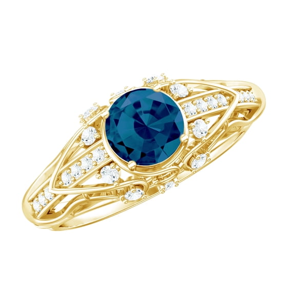 Rosec Jewels Natural London Blue Topaz Diamond Engagement Ring - Vintage Style Ring - 7 mm - AAA Quality - with Jewelry Box, 14K Yellow Gold, US 7.50