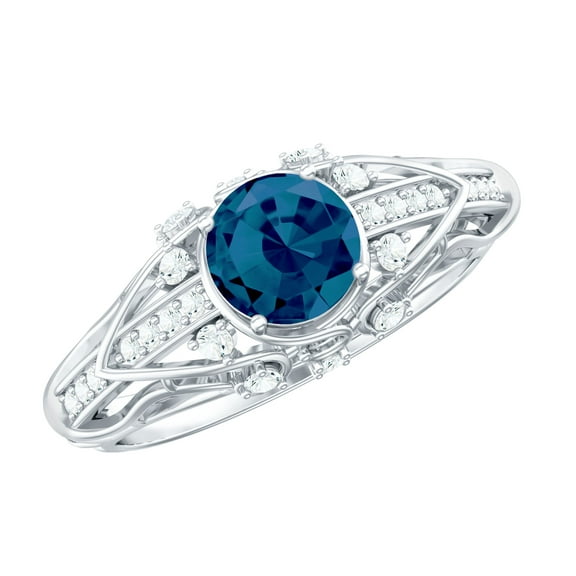 Rosec Jewels Natural London Blue Topaz Diamond Engagement Ring - Vintage Style Ring - 7 mm - AAA Quality - With Jewelry Box, 925 Sterling Silver, US 4.00