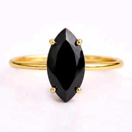 Solitaire Marquise Cut Black Onyx Ring, Dainty Engagement Ring, Stackable Band Ring, Minimalist Proposal Handmade Jewelry, Black Gemstone Ring