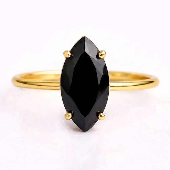 Solitaire Marquise Cut Black Onyx Ring, Dainty Engagement Ring, Stackable Band Ring, Minimalist Proposal Handmade Jewelry, Black Gemstone Ring