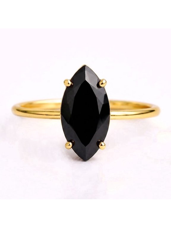 Solitaire Marquise Cut Black Onyx Ring, Dainty Engagement Ring, Stackable Band Ring, Minimalist Proposal Handmade Jewelry, Black Gemstone Ring