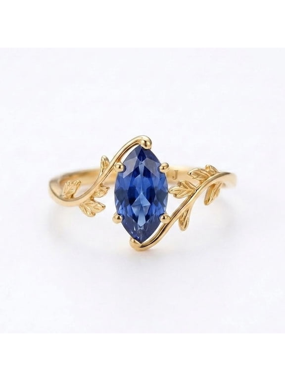 Solitaire Marquise Cut Blue Sapphire Ring, Leaf Band Ring, Minimalist Ring, September Birthstone Ring, Engagement Ring, Blue Gemstone Ring, Bypass Band Ring, Handmade Jewelry