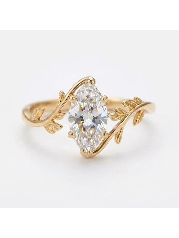 Solitaire Marquise Cut Diamond Leaf Band Ring, April Birthstone Ring, Dainty Engagement Ring, Solitaire Diamond Ring, Stackable Ring, Handmade Jewelry