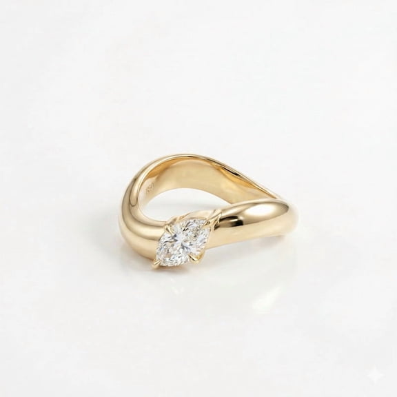 Solitaire Marquise Cut Diamond Wave Band Engagement Ring, Stackable Proposal Ring, Gift For Women's, April Birthstone Ring, Slightly Curved Band Ring