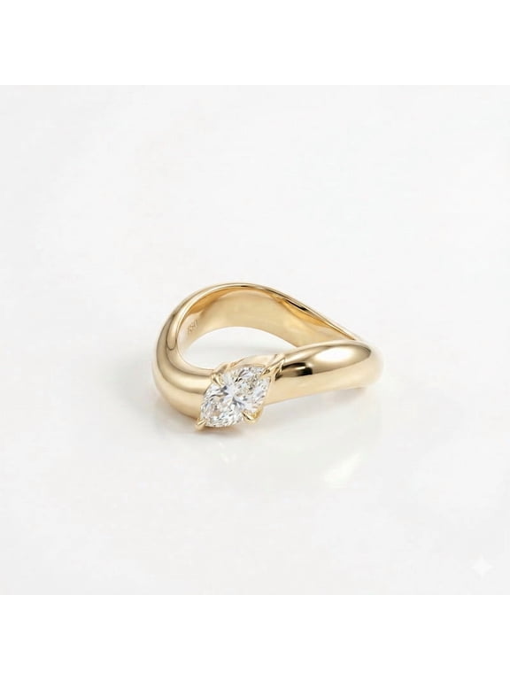 Solitaire Marquise Cut Diamond Wave Band Engagement Ring, Stackable Proposal Ring, Gift For Women's, April Birthstone Ring, Slightly Curved Band Ring