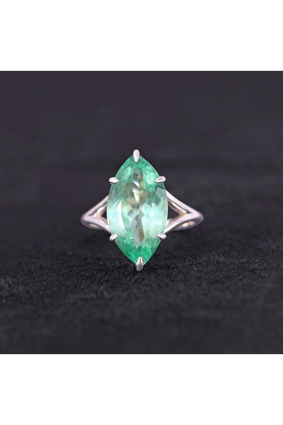 Solitaire Marquise Green Sapphire Ring, 925 Sterling Silver Statement Ring, Split Band Ring, Large Ring, Handmade Jewelry