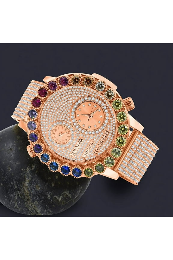 Solitaire Men's 18K Rose Gold Finish Rainbow Multi Tone Chronograph Real Diamond Dial Custom Bezel And Band Watch Analog 45mm W/Date