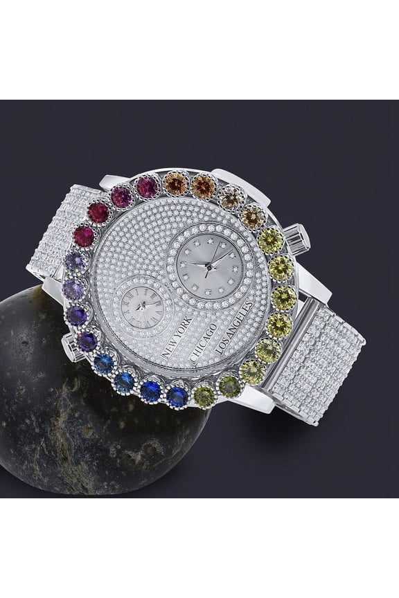 Solitaire Men's 18K White Gold Finish Rainbow Multi Tone Chronograph Real Diamond Dial Custom Bezel And Band Watch Analog 45mm W/Date