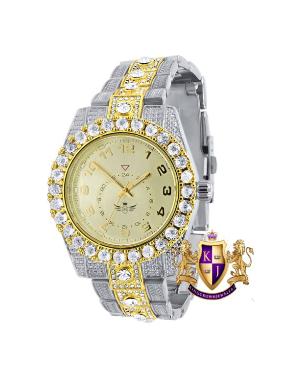 Solitaire Men's 2 Tone Gold Finish Simulated Diamond Water Resistance Steel Back Watch 45MM