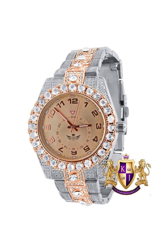 Solitaire Men's 2 Tone Rose Gold Finish Simulated Diamond Water Resistance Steel Back Watch 45MM