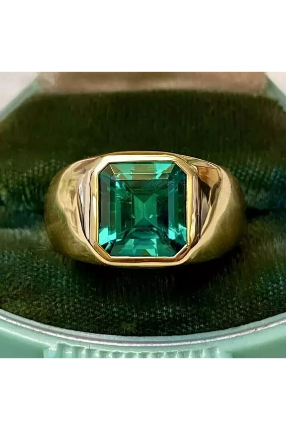 Solitaire Men's 3Ct Emerald Cut Lab-Created Green Emerald Engagement Ring 14k Yellow Gold Plated 925 Sterling Silver For Him