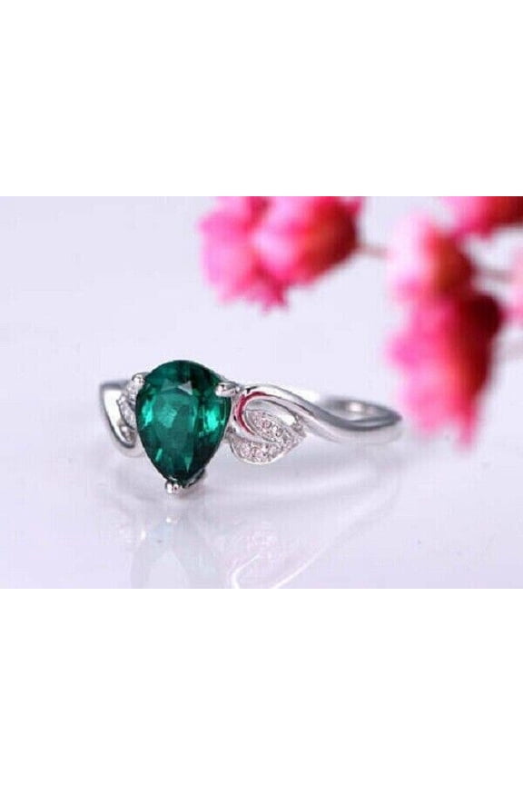 2Ct Pear Cut Lab Created Green Emerald Women's Engagement Gift Ring 14K White Gold Plated