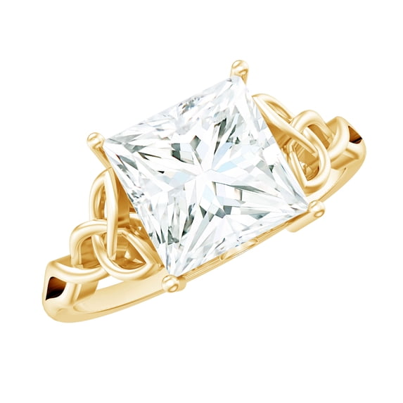 Rosec Jewels Moissanite Princess Cut Ring for Engagement - Celtic Knot Ring - 8 mm - 3 Carat - D-VS1 Quality, 10K Yellow Gold, US 12.00