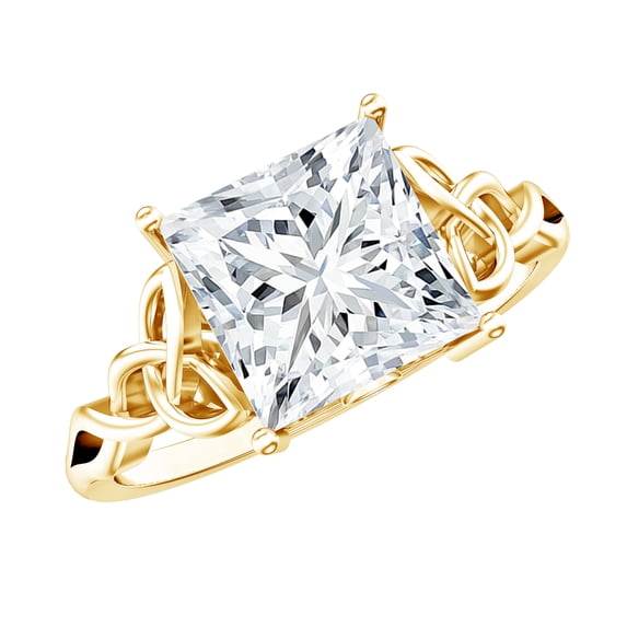 Rosec Jewels Moissanite Princess Cut Ring for Engagement - Celtic Knot Ring - 8 mm - 3 Carat - D-VS1 Quality, 10K Yellow Gold, US 5.50