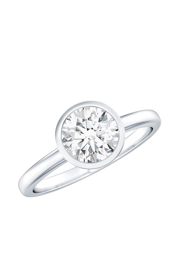Certified Moissanite Round Engagement Ring 1 Ct - Bezel Set Ring Solitaire 7 mm - D-V1 Quality, 14K White Gold, US 7.00