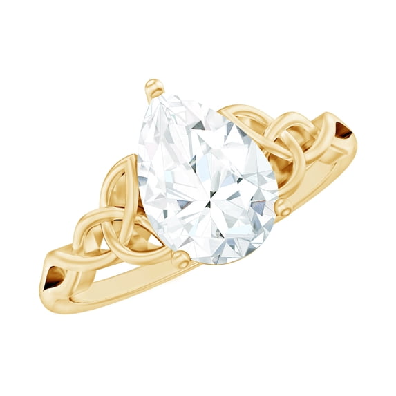 Rosec Jewels Certified Moissanite Teardrop Engagement Ring - 5X7 mm - Celtic Knot Ring - D-VS1 Quality - with Jewelry Box, 14K Yellow Gold, US 8.00