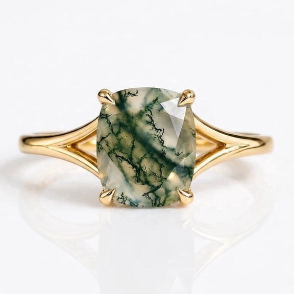 Solitaire Moss Agate Engagement Ring, Cushion Cut Solitaire, Minimalist Split Band Ring, Nature Inspired Ring, June Birthstone Ring, Handmade Jewelry