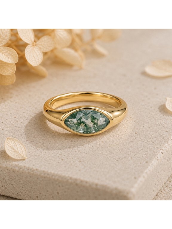 Solitaire Moss Agate Ring, Nature Inspired Cocktail Jewelry, Unique Gift for Her, Modern Minimalist Ring, Unique Gift for Her, June Birthstone Ring