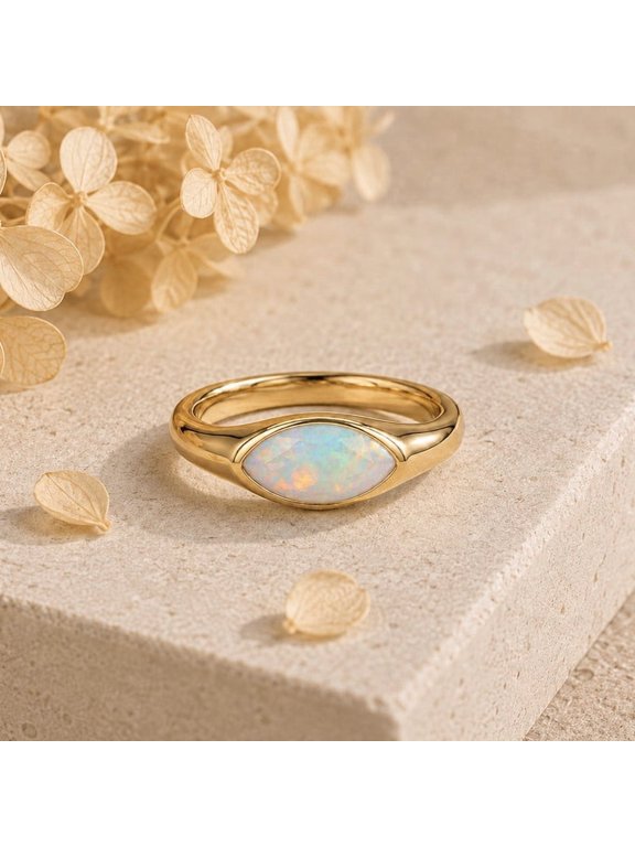 Solitaire Opal Ring, Minimalist Statement Ring, Dainty Cocktail Jewelry Yellow Gold Plated Signet Ring, October Birthstone, Iridescent Cocktail Jewelry