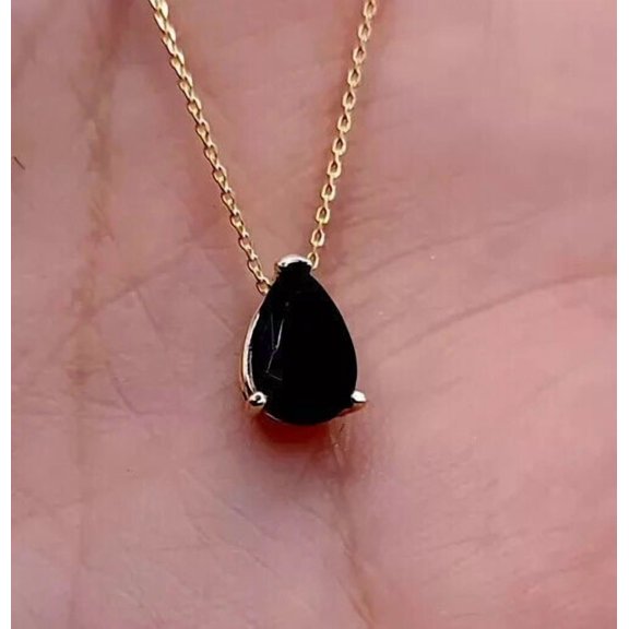 Solitaire Pear Cut Black Onyx Women's Pendant Necklace 14K Yellow Gold Finish Silver