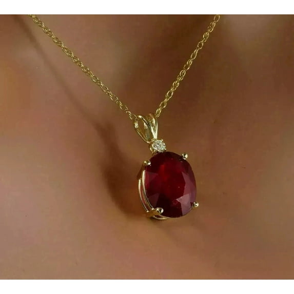 Solitaire Pendant 3Ct Oval Cut Red Garnet & Lab Created Diamond Pendant In 14K Yellow Gold Finish Silver