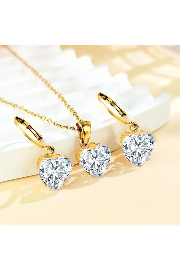 Solitaire Pendant Necklace & Earring Jewelry Set 14K Yellow Gold Plated 2Ct Heart Simulated Diamond